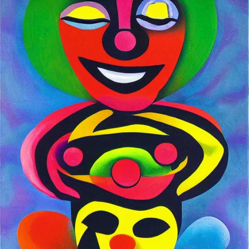 Prompt: avant - garde cubist painting of an enlightened glowing alien clown