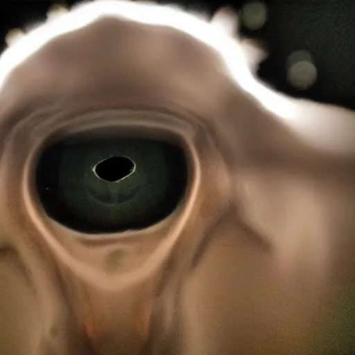 Image similar to ultra - realistic close - up of creepy cow at night, fish - eye - lense, disturbing horror photo, doorbell camera footage