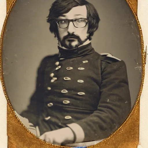 Prompt: daguerreotype portrait of sam hyde wearing a prussian officer uniform, very detailed, very intricate,