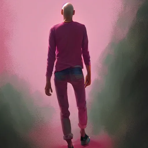 Image similar to bald skinny man in a pink t - shirt and pink pants, digital art, by greg rutkowski