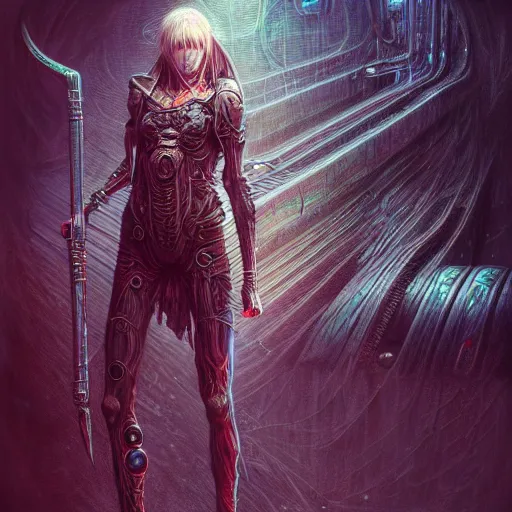 Image similar to a highly detailed long shot photo of cyberpunk female character by ayami kojima, elf, beksinski, giger, elf, wielding scythe, intricate, digital painting, artstation, concept art, smooth, sharp focus, full body