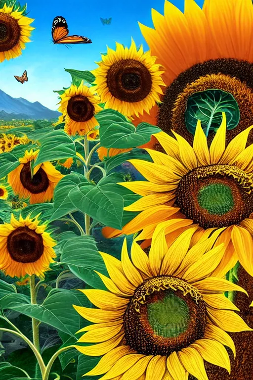 Prompt: sunflowers and butterflies, scenery wallpaper aesthetic, beautiful, cinematic, dramatic, super detailed and intricate, hyper realistic, 4 k render, by al feldstein, by darwyn cooke, by kentaro miura, by koson ohara,