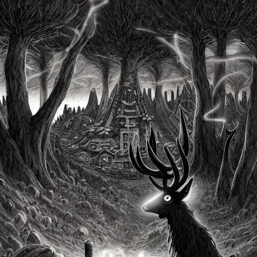 Image similar to 4 k headshot portrait of a psychedelic demonic anthropomorphic deer - horned wendigo smoking a hand - rolled cigarette smoking heavily, magic mushroom village in background. award winning. superb resolution. in the art style of junji ito and greg rutkowski. detailed mushroom city in background. hyper realistic anime. perfect art. dalle 2