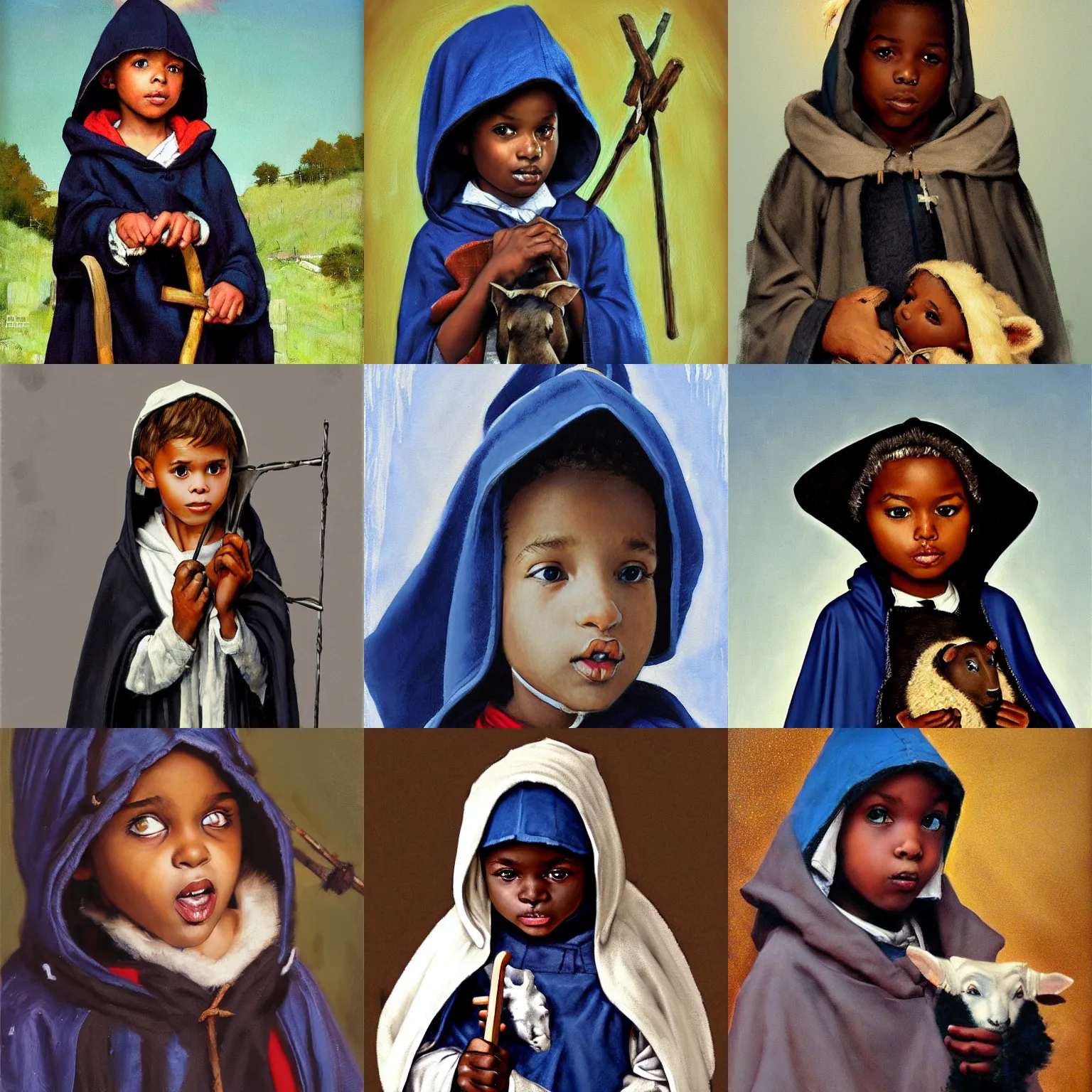 Prompt: black child dressed as shepherd for a nativity play, blue hooded cloak, shepherd's crook, exaggerated realism, painting by norman rockwell, trending on artstation