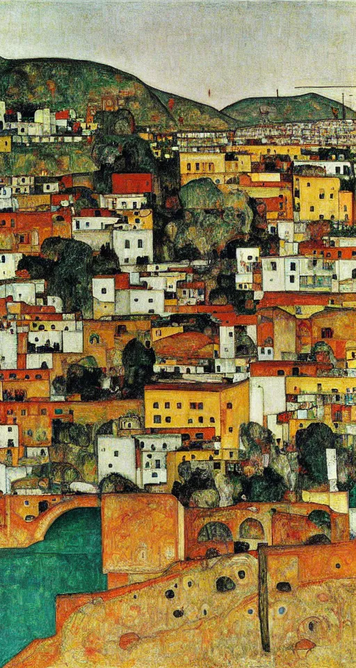 Image similar to small city in south of iran with a bridge on local river and palm trees, painting by egon schiele