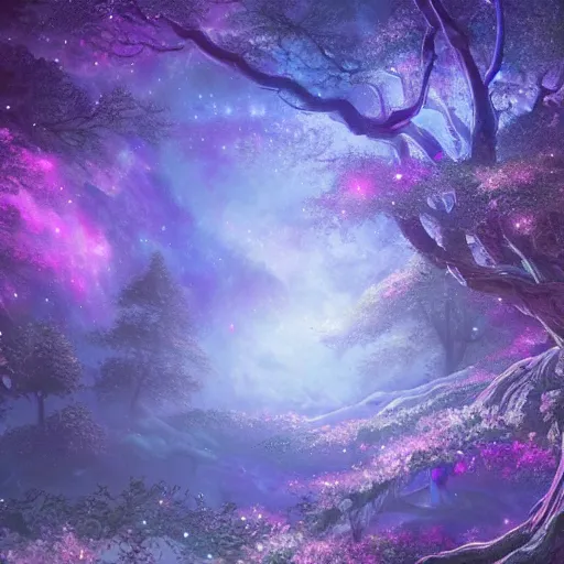 Image similar to a beautiful ultradetailed cosmic landscape of a magical forest, wallpaper, purple, blue, highly detailed, trending on artstation.