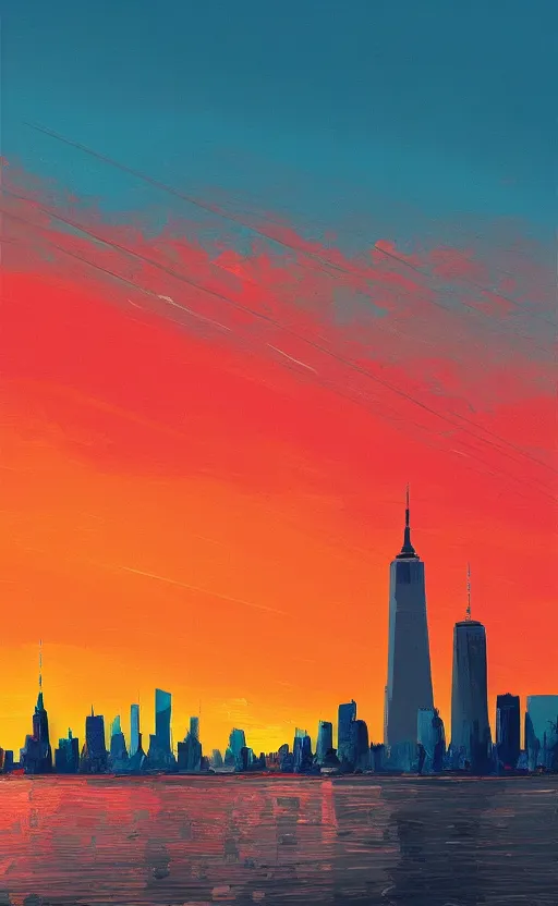 Image similar to a beautiful illustration new york at sunset, art of alena aenami, featured on artstation, vertical orientation, paint brush strokes, expressionism, brushstroke - laden, crimson hue