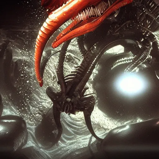 Prompt: octane render of a angry xenomorph close up under water swimming towards the camera, beautiful, god rays, by h. r. giger and seb mckinnon