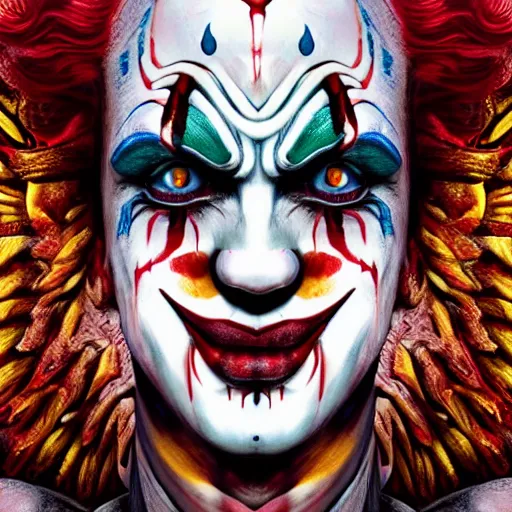 Image similar to 4K headshot of godlike clown with defined arms and open hands and bloody clothes with giant mandala wings , intricate clown face make-up , flawless anime cel animation by Kentaro Miura, psychedelic , highly detailed upper body , professionally post-processed , beautiful, scary, symmetry accurate features, epic, octane rendered, anime masterpiece, accurate