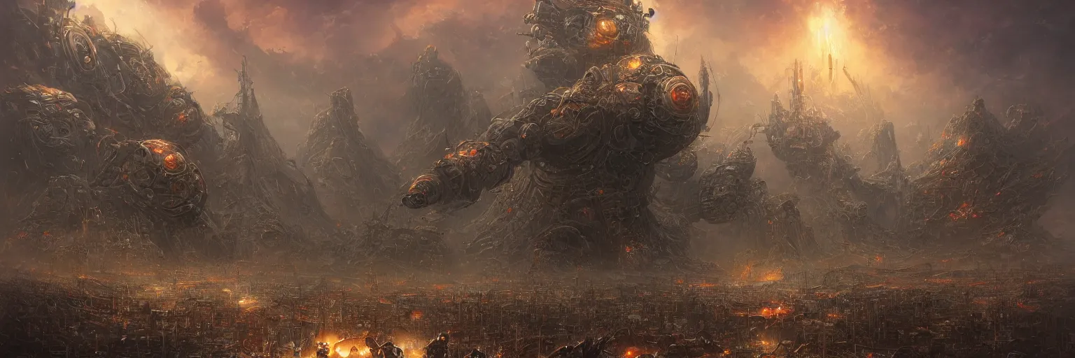 Prompt: highly detailed elden ring portrait photo of a giant hypermind robotic golurk in a scenic dystopian environment. a fleet of even bigger massive spacecrafts lift off in the background, starting engines nitro jet drive, hyperrealistic illustration by william didier pouget, tomasz alen kopera, peter mohrbacher, donato giancola