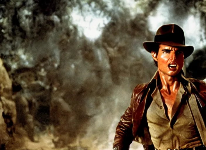 Prompt: film still of Tom Cruise as Indiana Jones in Raiders of the Lost Ark, 4k