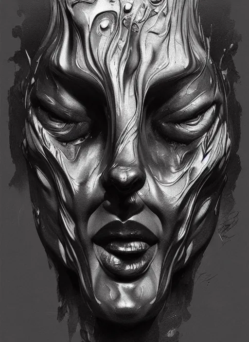 Prompt: charcoal painting of a sculpture with melting face, distorted, abstract, creepy, intricate, elegant, highly detailed, ray tracing, digital painting, artstation, concept art, art by artgerm and greg rutkowski and alphonse mucha, 8 k