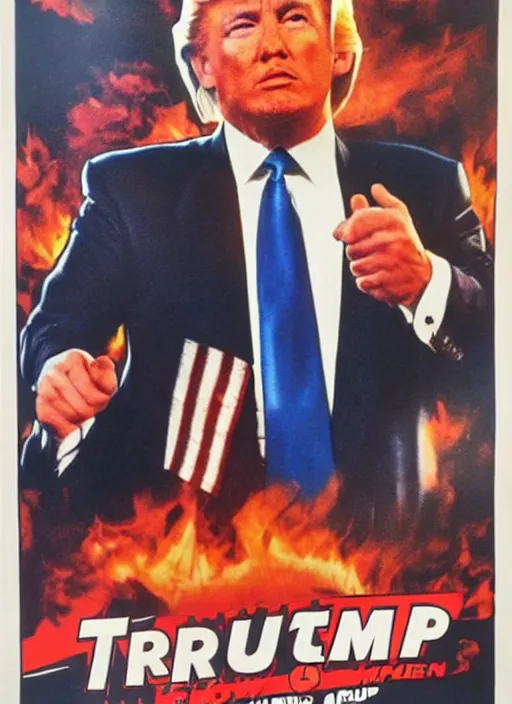 Image similar to an 8 0's john alvin action movie poster of donald trump starring in trumpster fire. explosions.