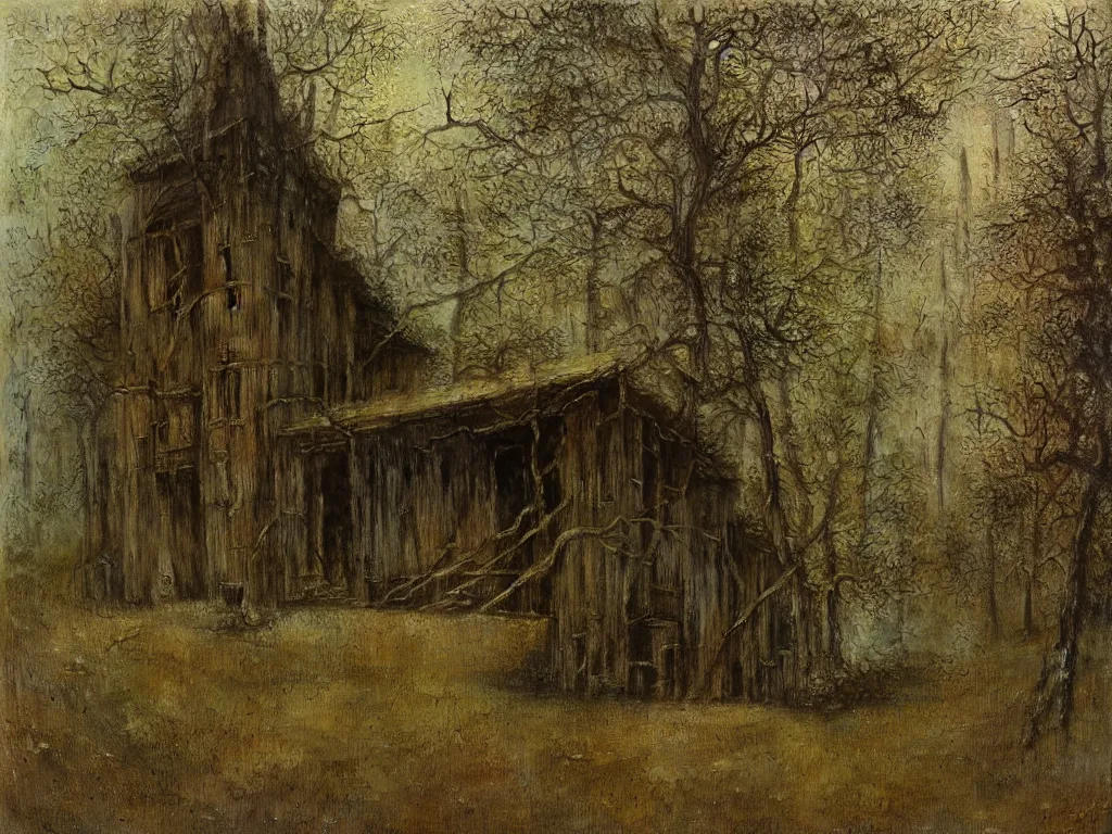 Prompt: abandoned wooden house in the woods, by zdzislaw beksinski, oil on canvas