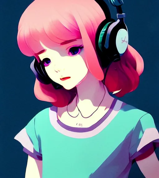 Image similar to beautiful little girl character inspired by 9 0's fashion and by madeline from celeste, art by rossdraws, wlop, ilya kuvshinov, artgem lau, sakimichan and makoto shinkai, concept art, headphones