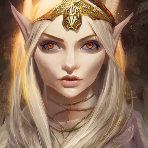 Image similar to an elf wizard, female, auburn and blonde two toned hair, fantasy, d & d, intricate, elegant, highly detailed, digital painting, artstation, concept art, matte, sharp focus, illustration, in the style of magic the gathering