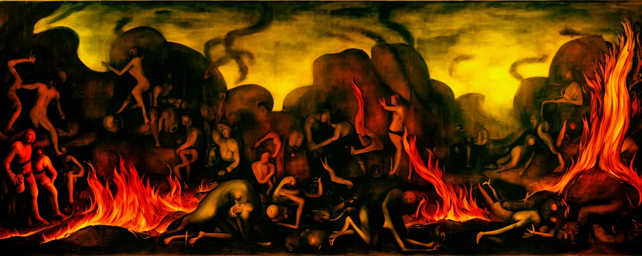 Image similar to trapped on a hedonic treadmill, dark uncanny surreal painting by bosch, dramatic lighting from fire glow, mouth of hell, ixions wheel