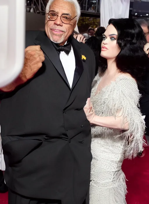 Prompt: james earl jones and katie perry wrestling angrily on the red carpet, fashion poser, bored teen