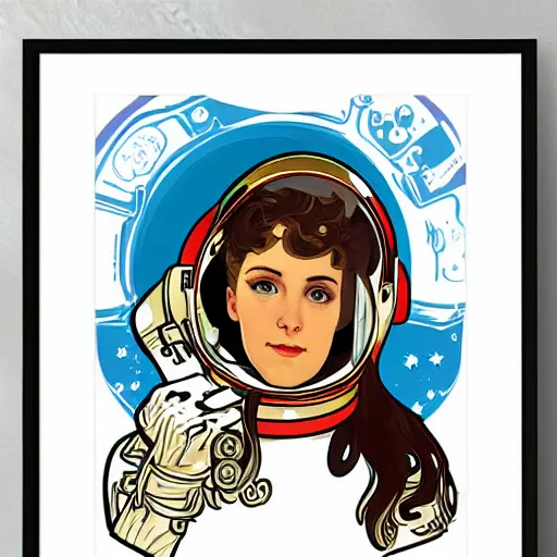 Prompt: astronaut female skull portrait in the style of and Alphonse Mucha and Disney illustration pop art