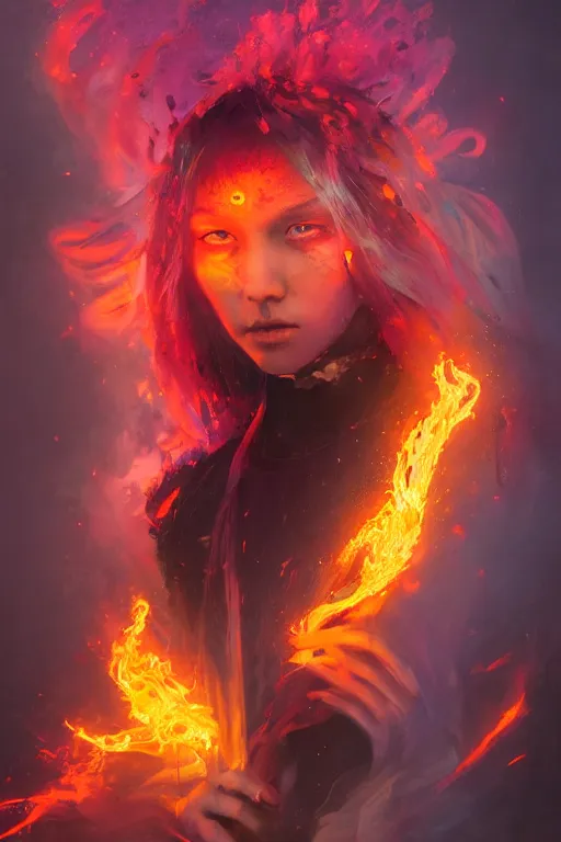 Image similar to a fancy portrait of a young Demon girl covered in deep and colourful flames by Greg Rutkowski, Sung Choi, Mitchell Mohrhauser, Maciej Kuciara, Johnson Ting, Maxim Verehin, Peter Konig, Bloodborne , 8k photorealistic, cinematic lighting, HD, high details, atmospheric , trending on artstation