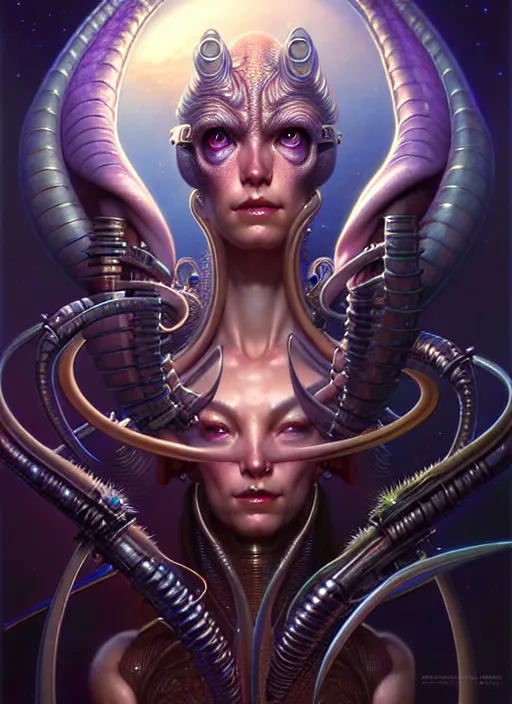 Image similar to beautiful gemini fantasy character portrait, ultra realistic, wide angle, intricate details, alien artifacts, highly detailed by peter mohrbacher, hajime sorayama, wayne barlowe, boris vallejo, aaron horkey, gaston bussiere, craig mullins