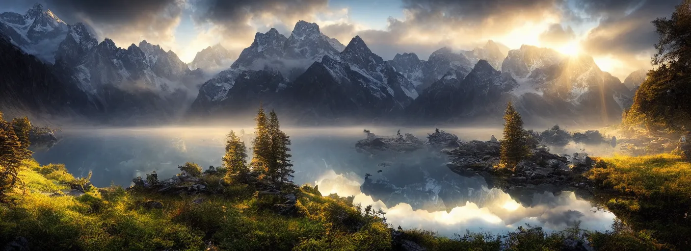 Image similar to photograph of mountains with a lake in front of them, trees on the side, rocks in foreground, mist with rays of light by marc adamus, highly detailed, intricate detail, cinematic lighting