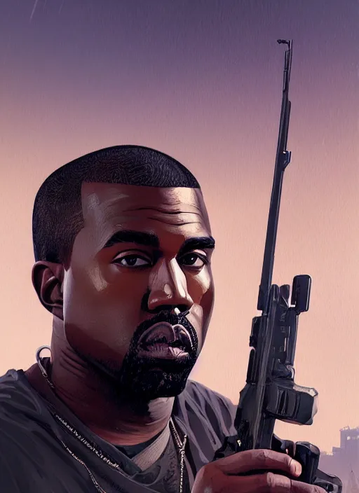 Image similar to highly detailed portrait kanye west holding rifle in gta v stephen bliss unreal engine fantasy art by greg rutkowski loish rhads ferdinand knab makoto shinkai lois van baarle ilya kuvshinov rossdraws tom bagshaw global illumination radiant light detailed intricate environment