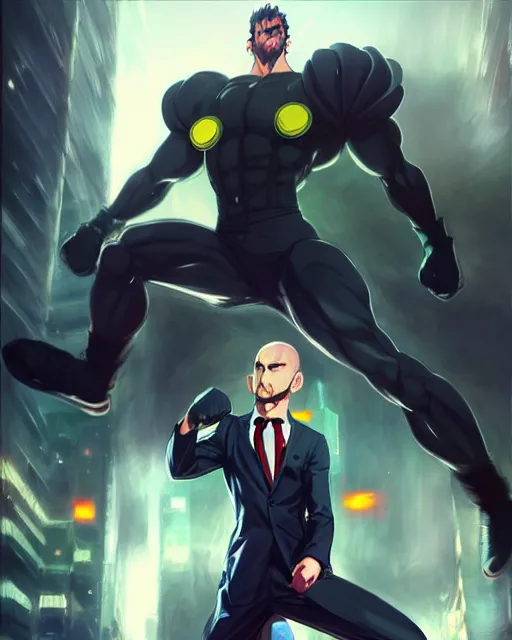 Image similar to gigachad luigi bodybuilder charging ultimate attack fighting like one punch man wearing a suit in the city, fantasy character portrait, ultra realistic, anime key visual, full body concept art, intricate details, highly detailed by greg rutkowski, ilya kuvshinov, gaston bussiere, craig mullins, simon bisley