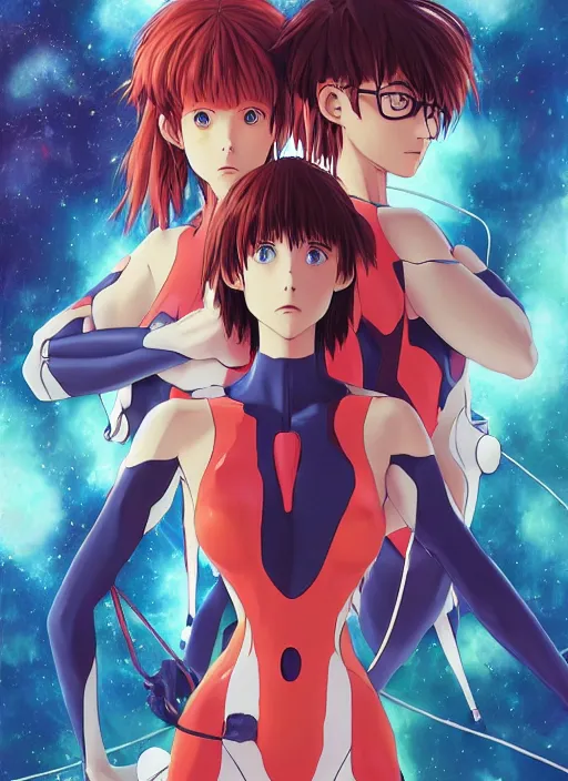 Image similar to first issue of neon genesis evangelion comic book cover art, au naturel, hyper detailed, digital art, trending in artstation, cinematic lighting, studio quality, smooth render, unreal engine 5 rendered, octane rendered, art style by klimt and nixeu and ian sprigger and wlop and krenz cushart