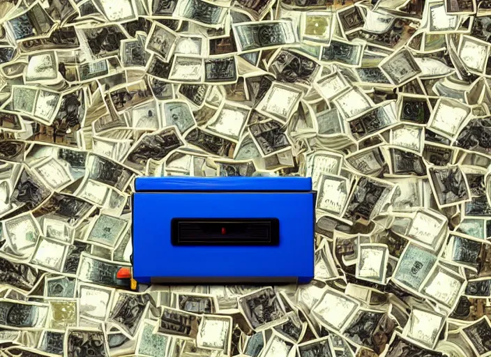 Prompt: surrealist art of nintendo 6 4 console in front of stacks of money