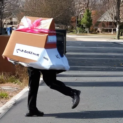 Prompt: A duck excitedly clicks its heels together when a UPS deliveryman walks toward him with a package