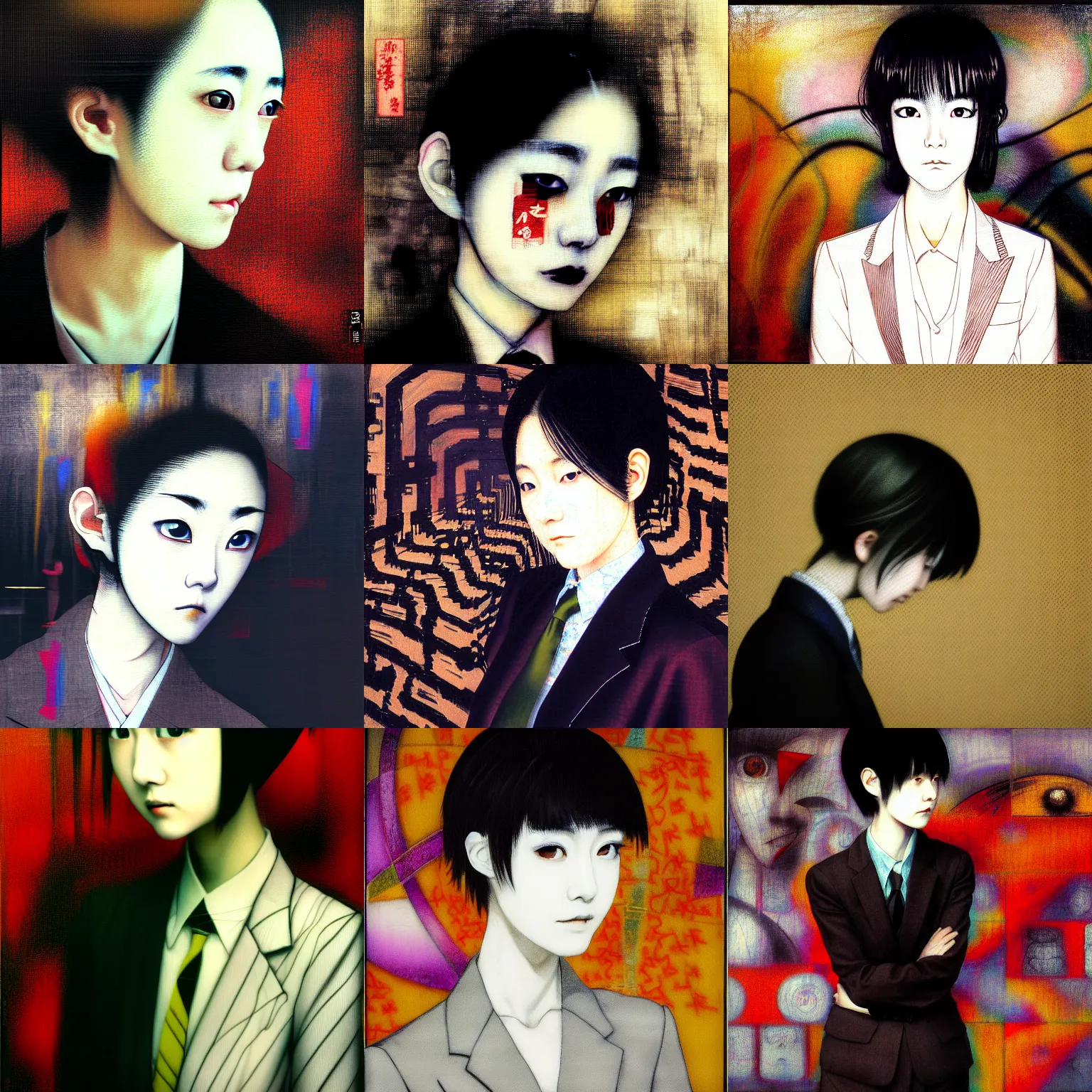 Image similar to yoshitaka amano blurred and dreamy realistic three quarter angle portrait of a young woman with short hair and black eyes wearing office suit with tie, junji ito abstract patterns in the background, shadows on the face, satoshi kon anime, noisy film grain effect, highly detailed, renaissance oil painting, weird portrait angle, blurred lost edges