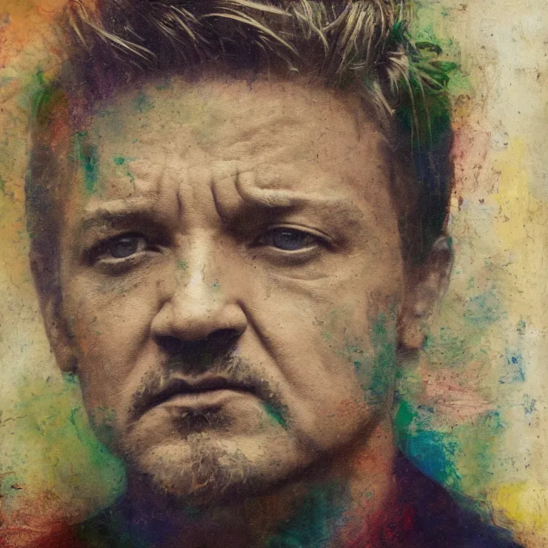 Image similar to colorfully tinted Antique tintype of Beautiful warmly lit close up expressionistic studio portrait of Jeremy Renner frowning severely, impasto oil painting heavy brushstrokes by Cy Twombly and Anselm Kiefer , trending on artstation dramatic lighting abstract Expressionism