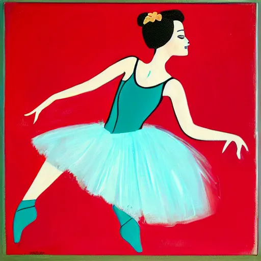 Image similar to square painting of a ballerina drinking wine in a teal room all on a red background