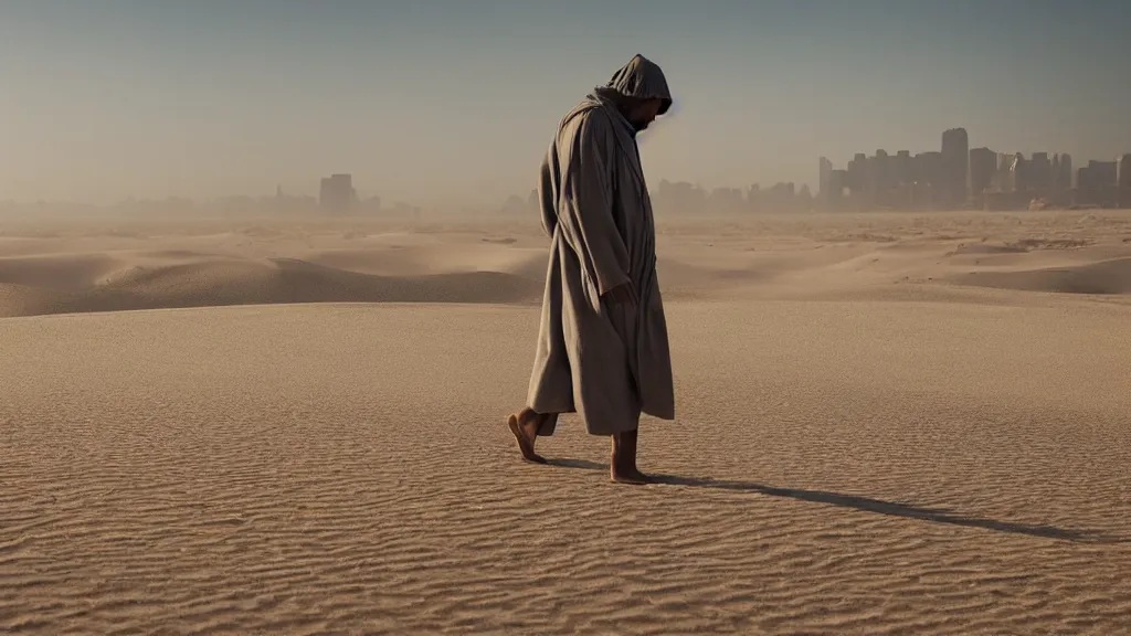 Prompt: man wearing a gray robe wandering in the desert, sand blowing around everywhere, city in the background, incredibly detailed, epic cinematic shot