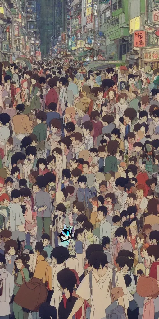 Image similar to Still from Studio Ghibli movie 'Lost in Crowded Tokyo', very detailed, focused, colorful, Antoine Pierre Mongin