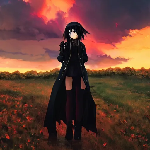 Image similar to 1 7 - year - old anime goth girl, black hair, long bob cut, long bangs, gothic coat, golden hour, partly cloudy sky, red clouds, orange sky, old town, strong lighting, strong shadows, vivid hues, ultra - realistic, sharp details, subsurface scattering, intricate details, hd anime, 2 0 1 9 anime