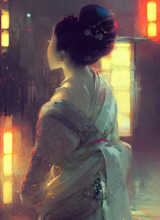 Image similar to female geisha girl, beautiful face, neon, rule of thirds, intricate outfit, spotlight, by greg rutkowski, by jeremy mann, digital painting