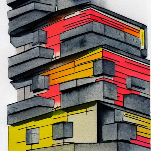 Prompt: Brutalist architecture building, colorful watercolor