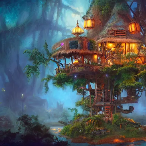 Image similar to tikipunk treehouse, fantasy oil painting, fine art, cinematic lighting, framed focus, hyperdetailed, 8k, high resolution, insanely detailed and intricate, surreal, trending on artstation, octane render