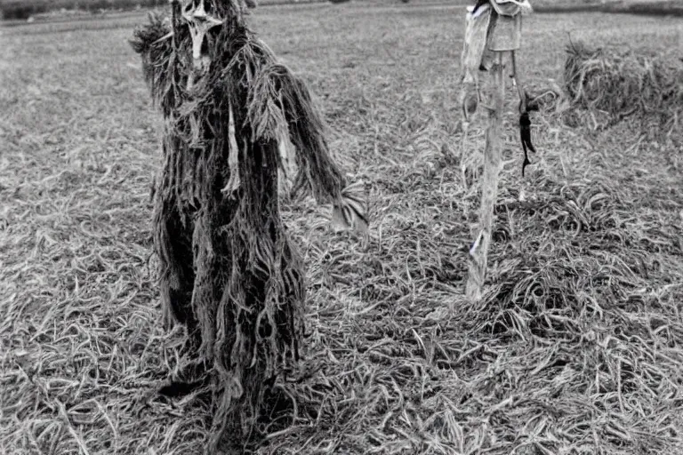 Image similar to disturbing scarecrow from the early 1 9 0 0's in a trancelike state in the burning cornfields