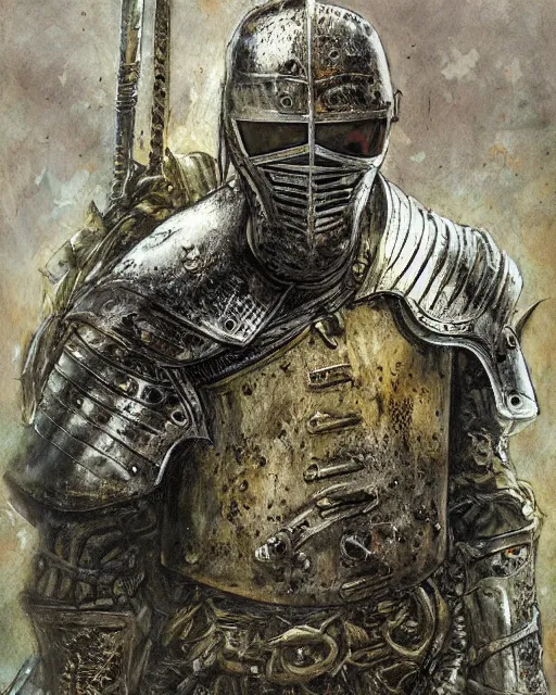 Image similar to a hyper realistic painting of a knight in armor made out of rotting metal, pale colors, fog, dark fantasy, cinematic lighting, nighttime, by rebecca guay