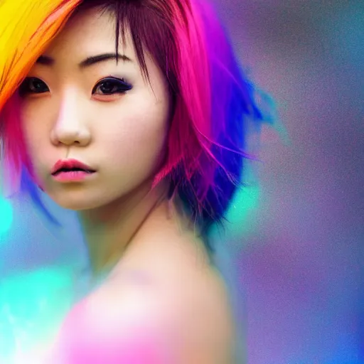 Prompt: beautiful asian girl with tattoo's and blue pink hair looking in the camera with misty and glowing background, new wave, portrait, 8 k, digital art