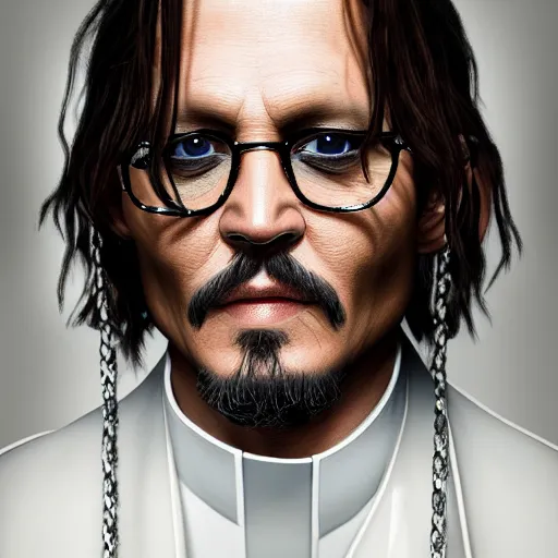 Image similar to portrait of johnny depp as a bishop, ultra realistic photography, highly detailed, photorealistic, octane render, 8 k, unreal engine