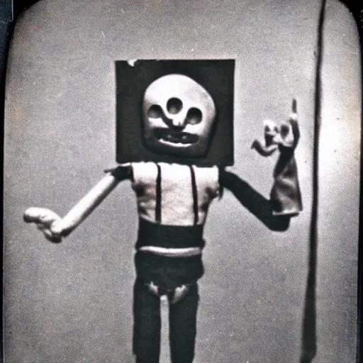 Image similar to 1 9 5 0 s, creepy marionette puppet jumping towards viewer, horror, lost photograph, forgotten, polaroid,
