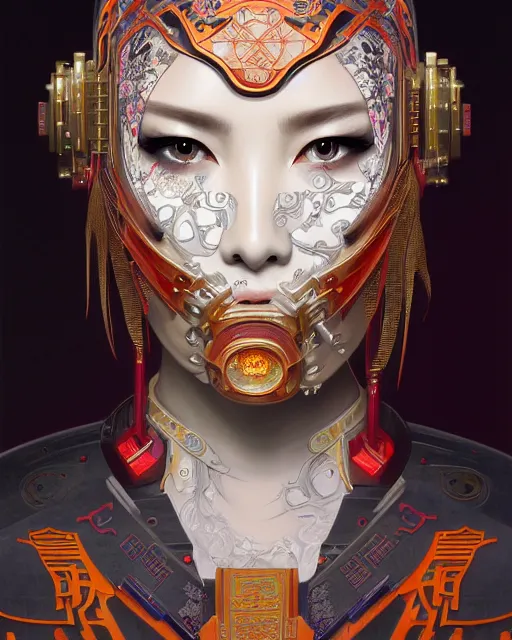 Image similar to portrait of a cyberpunk machine, machine face, upper half portrait, decorated with chinese opera motifs, asian, fine china, wuxia, traditional chinese art, intricate, elegant, highly detailed, symmetry, headpiece, digital painting, artstation concept art smooth sharp focus, illustration, art by artgerm and greg rutkowski alphonse mucha 8 k