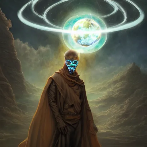 Image similar to masked nomad male wearing a cloak on an alien world and holding a holographic planet projection in his hand, detailed, sci - fi, digital painting, artstation, sharp focus, illustration, ominous, artgerm, tomasz alen kopera, peter mohrbacher, donato giancola, joseph christian leyendecker, wlop, frank frazetta