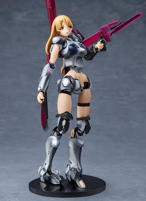 Image similar to toy design,Girl in mecha cyber Armor, portrait of the action figure of a girl, with bare legs， holding a scythe weapon， anime figma figure, studio photo, flight squadron insignia, realistic military gear, 70mm lens,