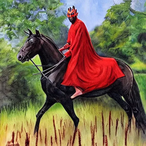 Prompt: darth maul riding his horse in his big iowa property, realistic painting