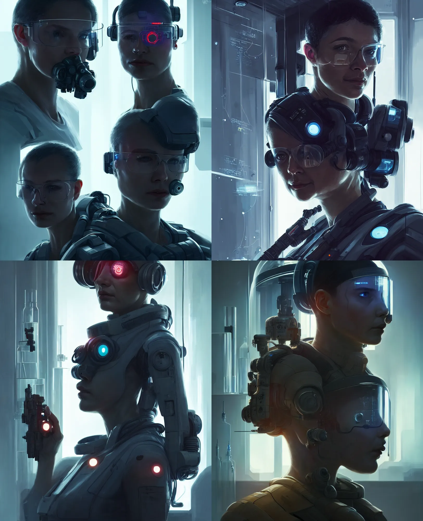 Image similar to a portrait of a scifi operator in the laboratory,!! one person!!, clear face, cyberpunk suit, character portrait, greg rutkowski, cedric peyravernay, denys tsiperko, artstation, 8 k